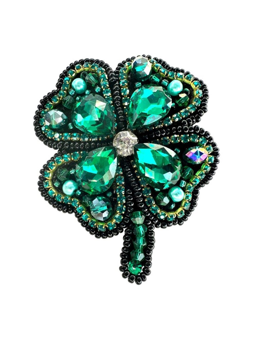 Four Leaf Clover Felt and Glass Rhinestone Brooch
